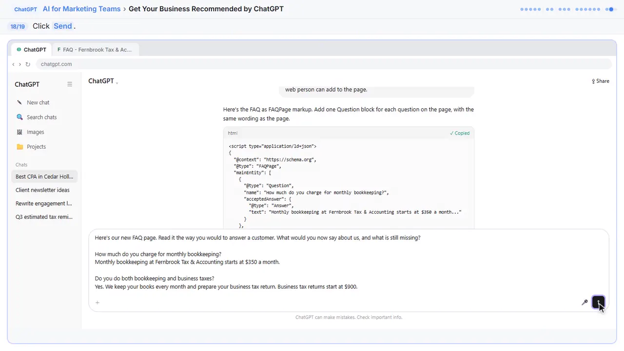 ChatGPT in Stepthrough’s practice copy, step 18 of 19 (Send it): the cursor is on “Send”, highlighted.