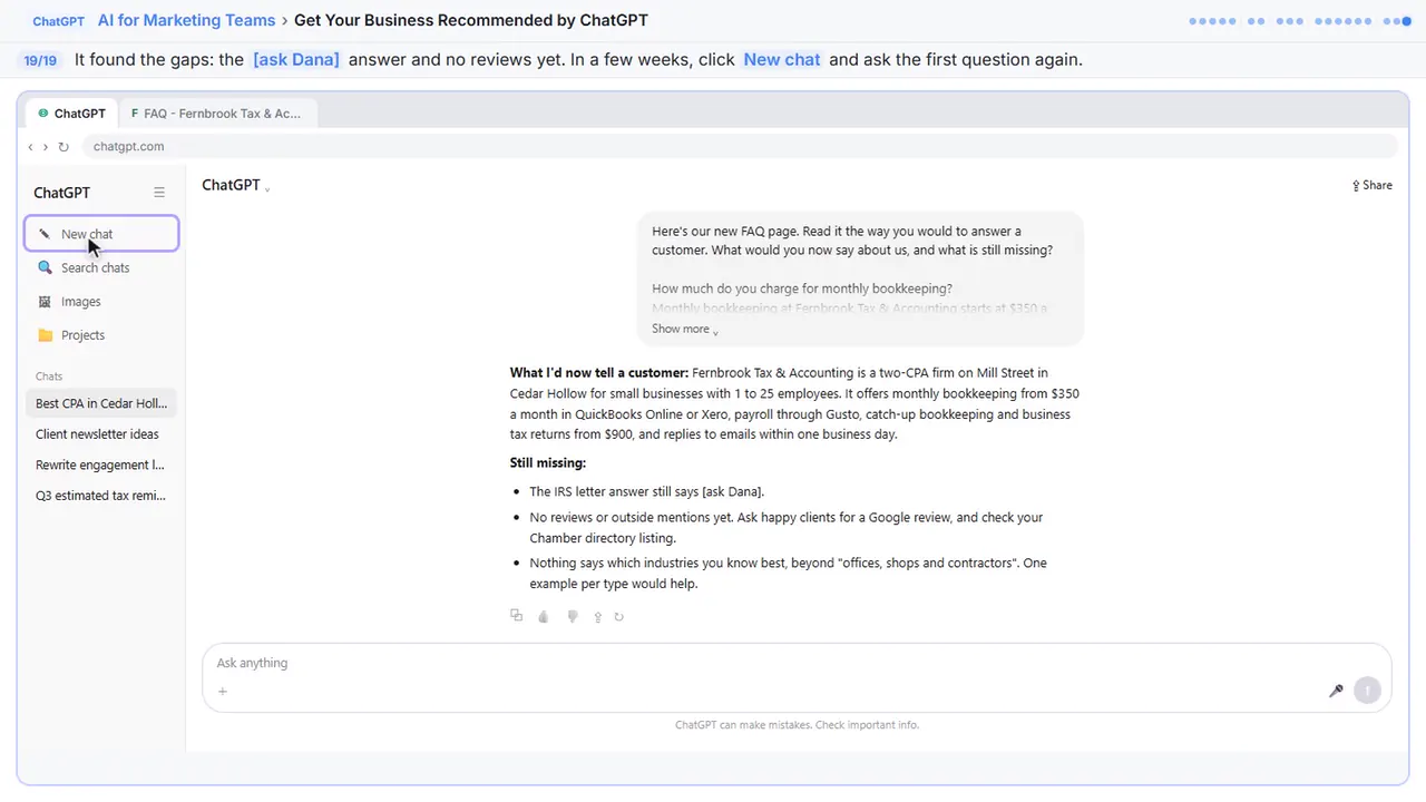 ChatGPT in Stepthrough’s practice copy, step 19 of 19 (Check again later): the cursor is on “[ask Dana]”, highlighted.