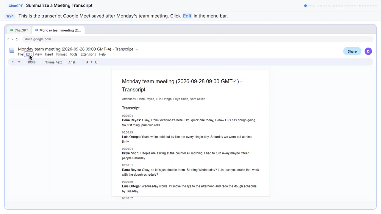 Google Docs in Stepthrough’s practice copy, step 1 of 24 (Open the Edit menu): the cursor is on “Edit”, highlighted.