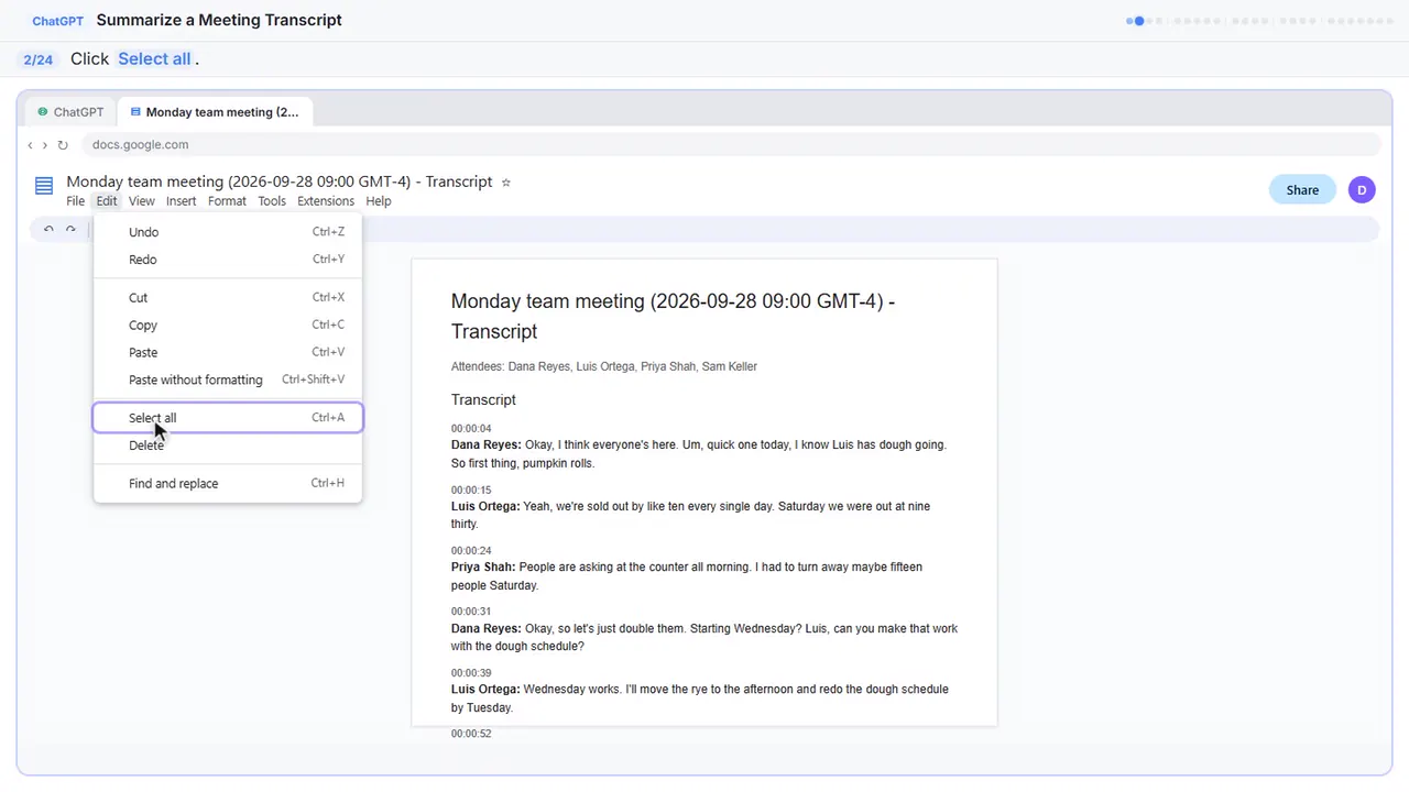 Google Docs in Stepthrough’s practice copy, step 2 of 24 (Select all): the cursor is on “Select all”, highlighted.
