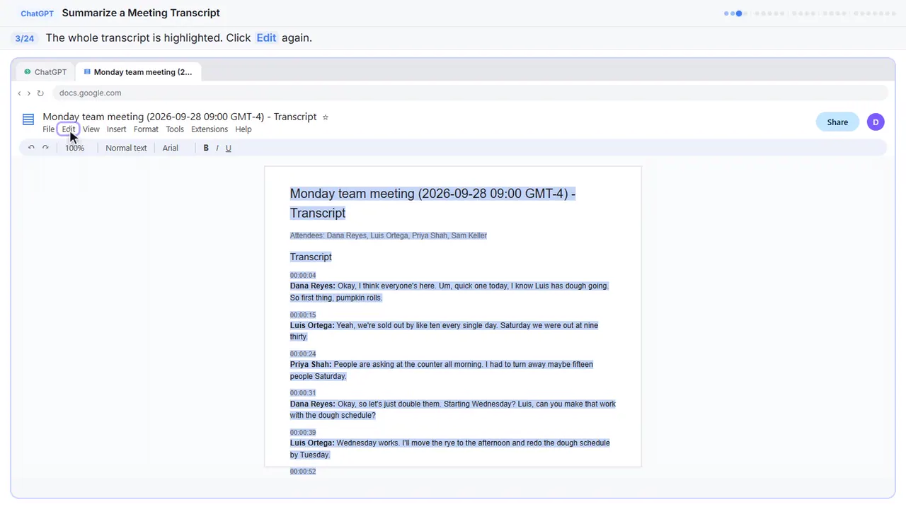 Google Docs in Stepthrough’s practice copy, step 3 of 24 (Open the Edit menu again): the cursor is on “Edit”, highlighted.