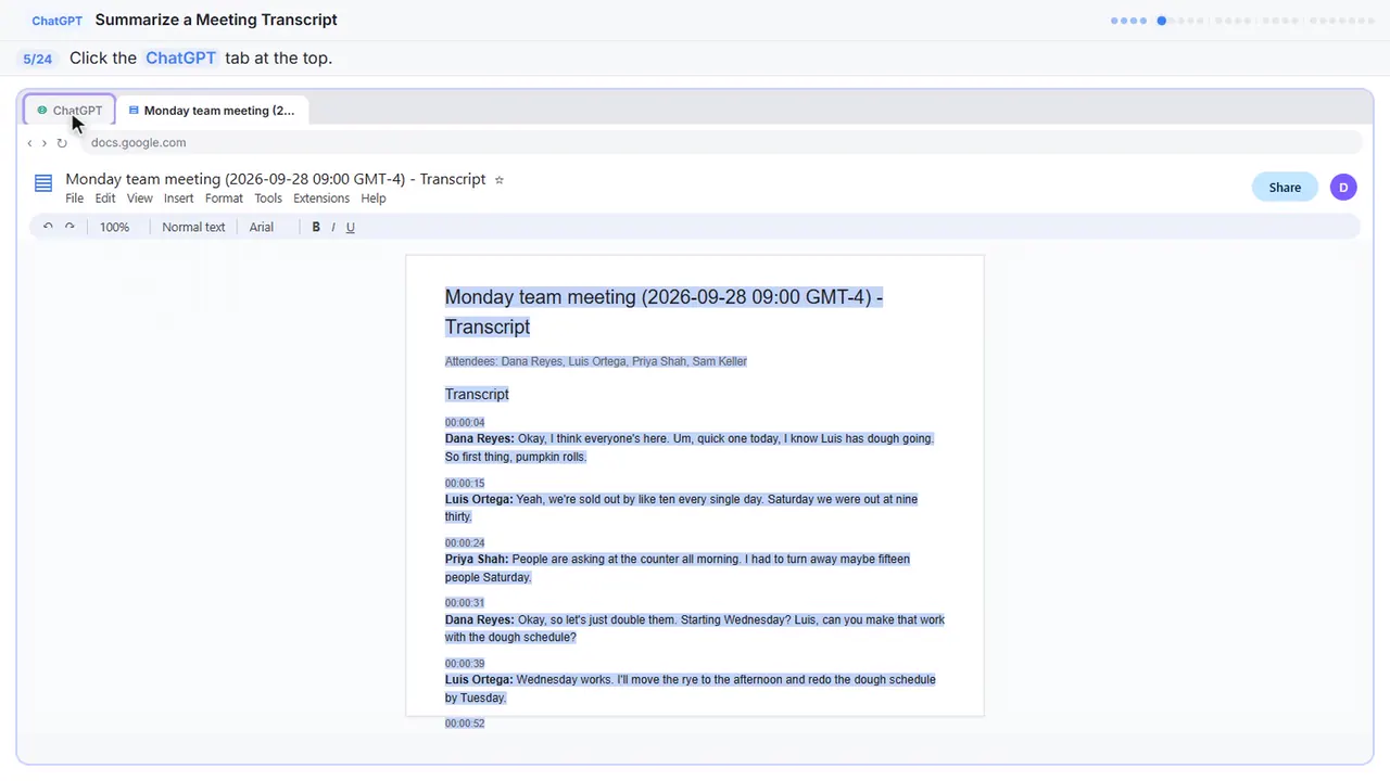 Google Docs in Stepthrough’s practice copy, step 5 of 24 (Switch to ChatGPT): the cursor is on “ChatGPT”, highlighted.