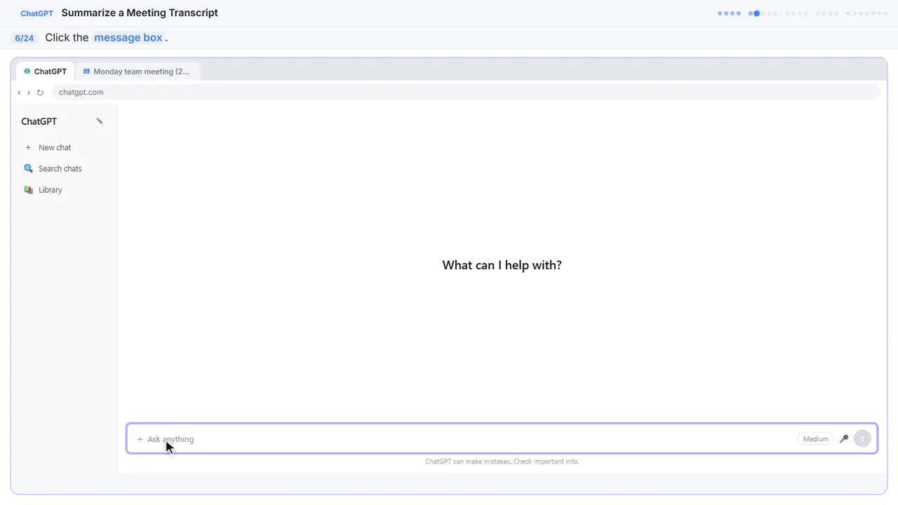 ChatGPT in Stepthrough’s practice copy, step 6 of 24 (Click the message box): the cursor is on “message box”, highlighted.