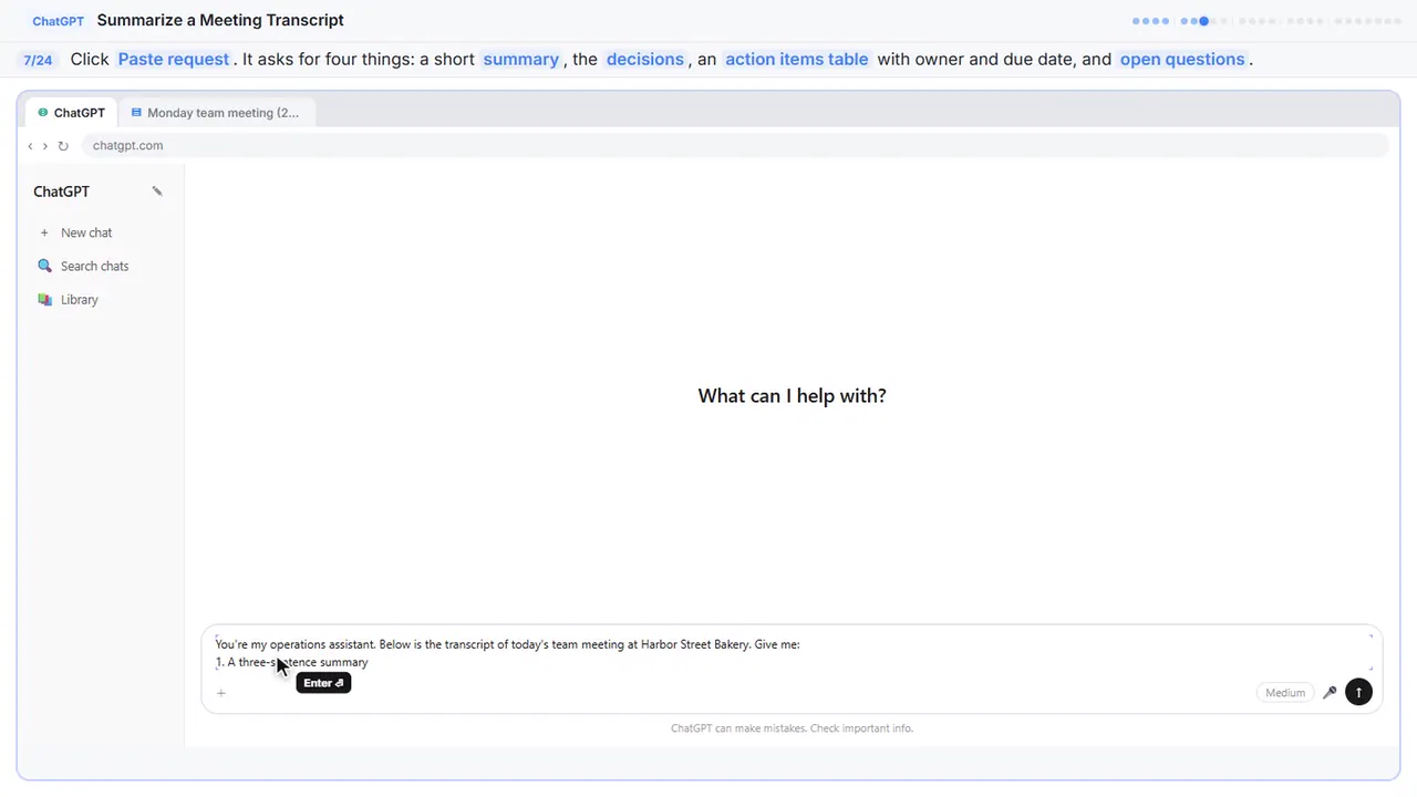 ChatGPT in Stepthrough’s practice copy, step 7 of 24 (Paste your request): the request is filled in (“You're my operations assistant. Below is the…”).