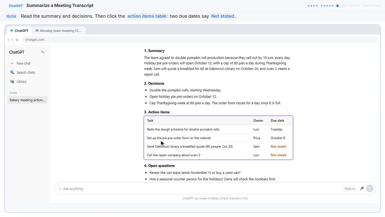 ChatGPT in Stepthrough’s practice copy, step 10 of 24 (Check the action items): the cursor is on “action items table”, highlighted.