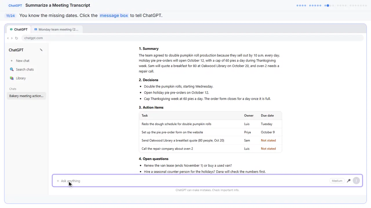 ChatGPT in Stepthrough’s practice copy, step 11 of 24 (Click the message box): the cursor is on “message box”, highlighted.