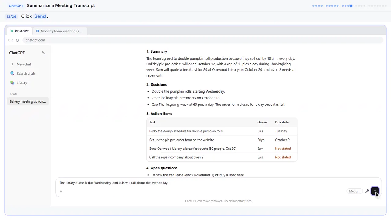 ChatGPT in Stepthrough’s practice copy, step 13 of 24 (Send it): the cursor is on “Send”, highlighted.