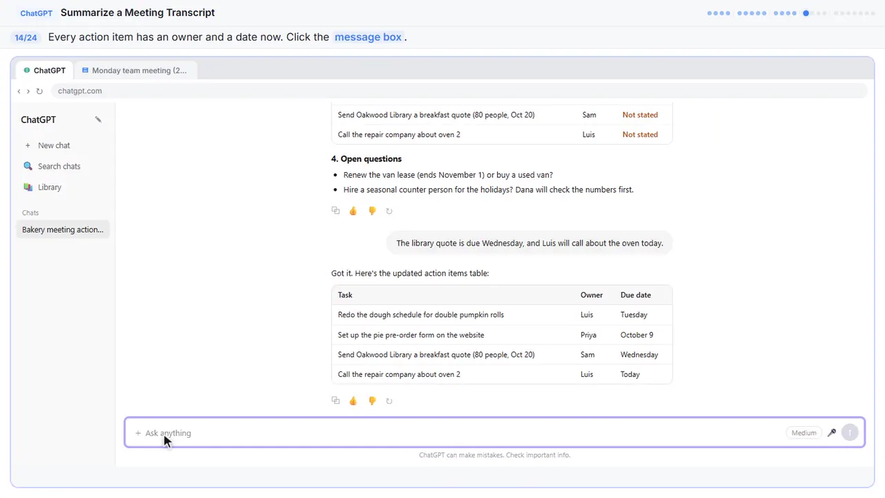 ChatGPT in Stepthrough’s practice copy, step 14 of 24 (Click the message box): the cursor is on “message box”, highlighted.