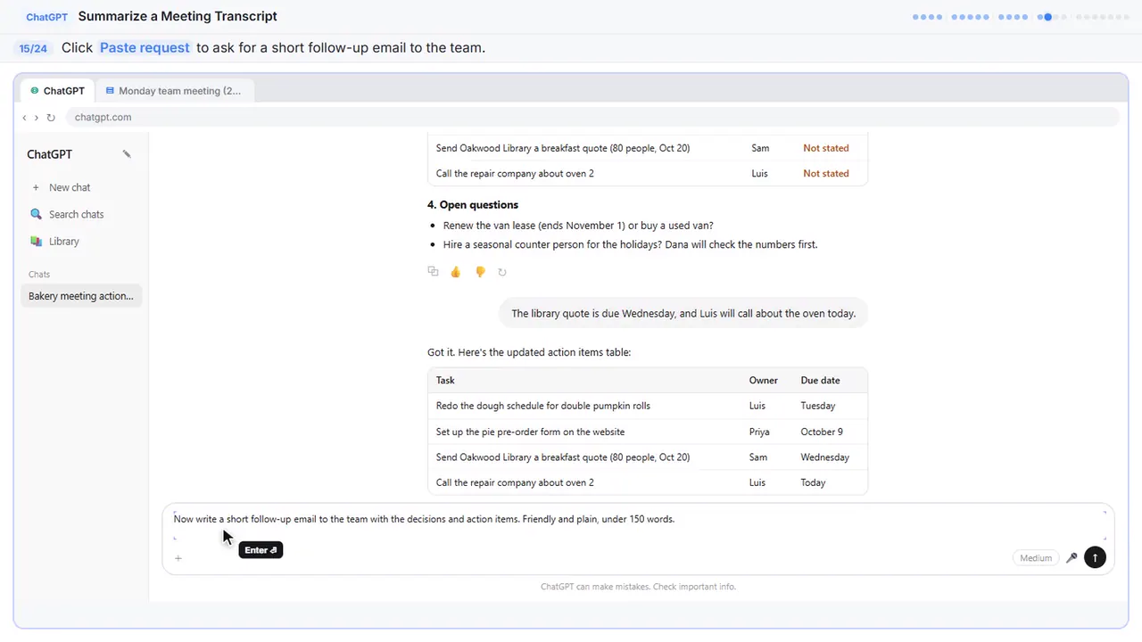 ChatGPT in Stepthrough’s practice copy, step 15 of 24 (Ask for the follow-up email): the request is filled in (“Now write a short follow-up email to the team…”).