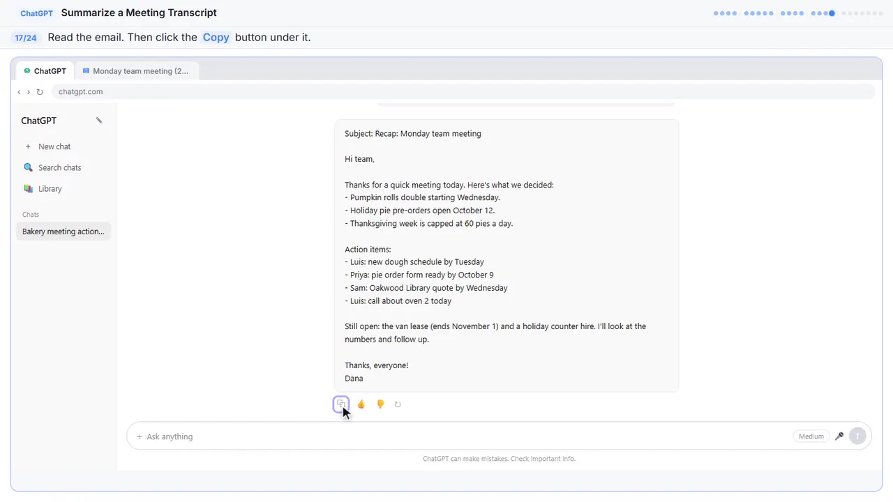 ChatGPT in Stepthrough’s practice copy, step 17 of 24 (Copy the email): the cursor is on “Copy”, highlighted.