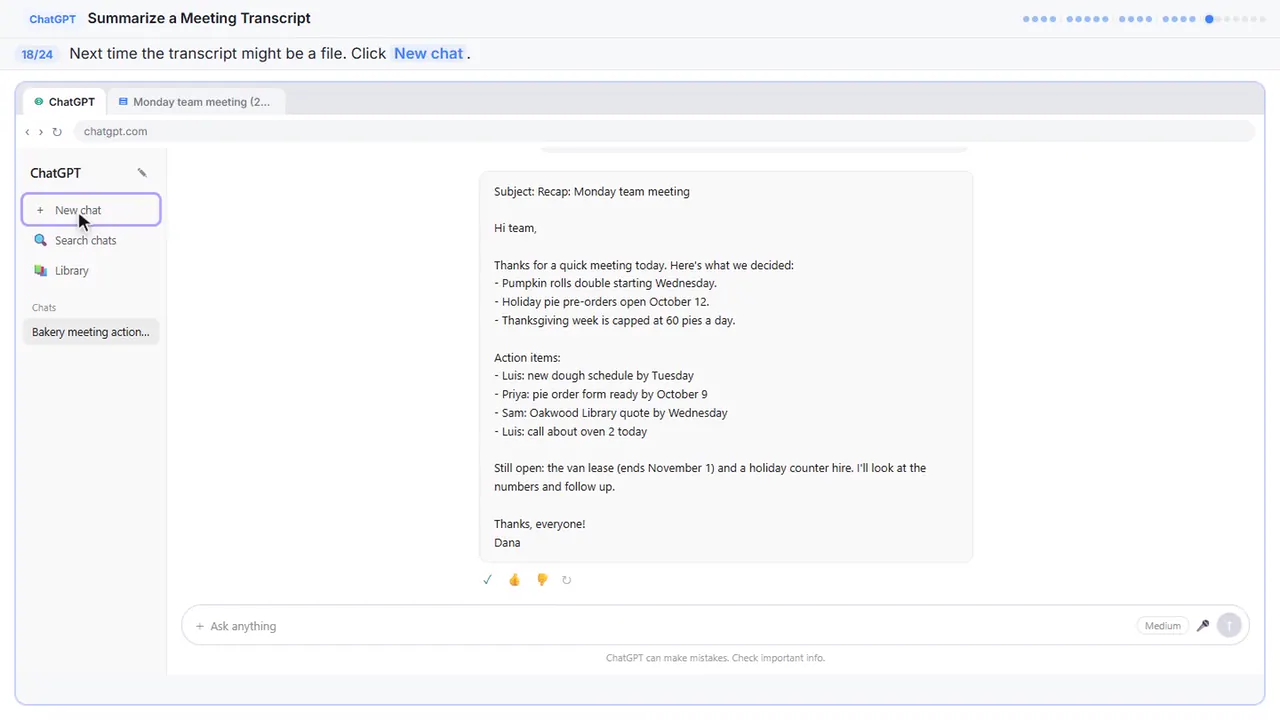 ChatGPT in Stepthrough’s practice copy, step 18 of 24 (Start a new chat): the cursor is on “New chat”, highlighted.