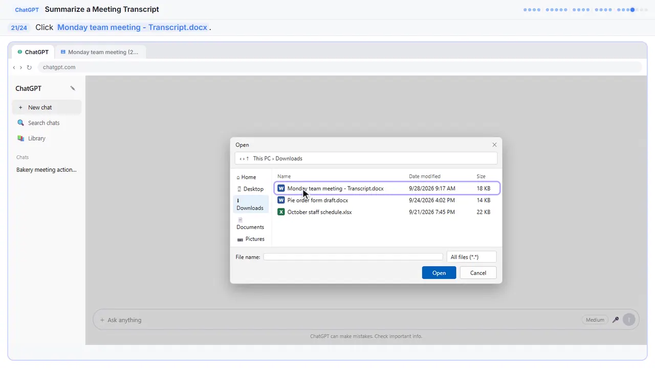 The file picker in Stepthrough’s practice copy, step 21 of 24 (Pick the transcript): the cursor is on “Monday team meeting - Transcript.docx”, highlighted.