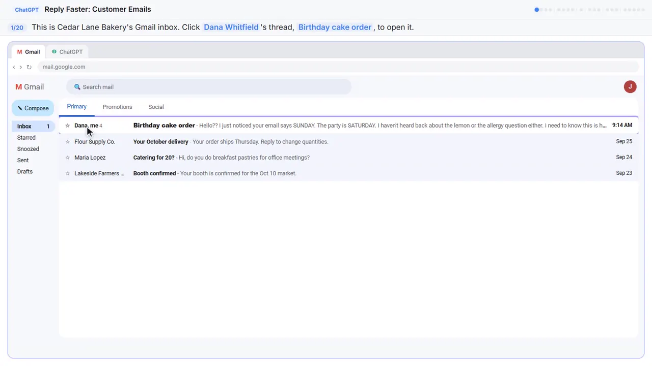 Gmail in Stepthrough’s practice copy, step 1 of 20 (Open the thread): the cursor is on “Dana Whitfield”, highlighted.