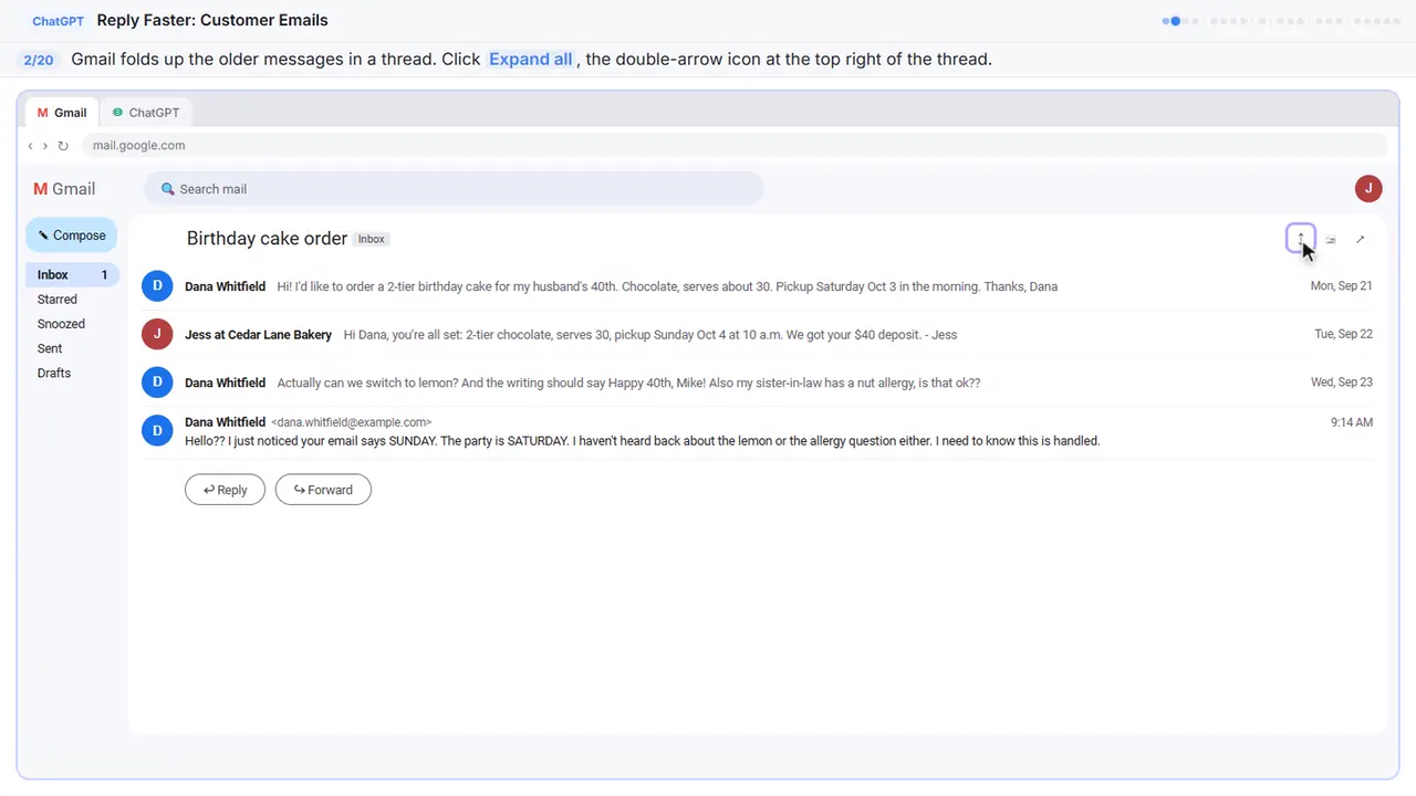 Gmail in Stepthrough’s practice copy, step 2 of 20 (Expand all messages): the cursor is on “Expand all”, highlighted.