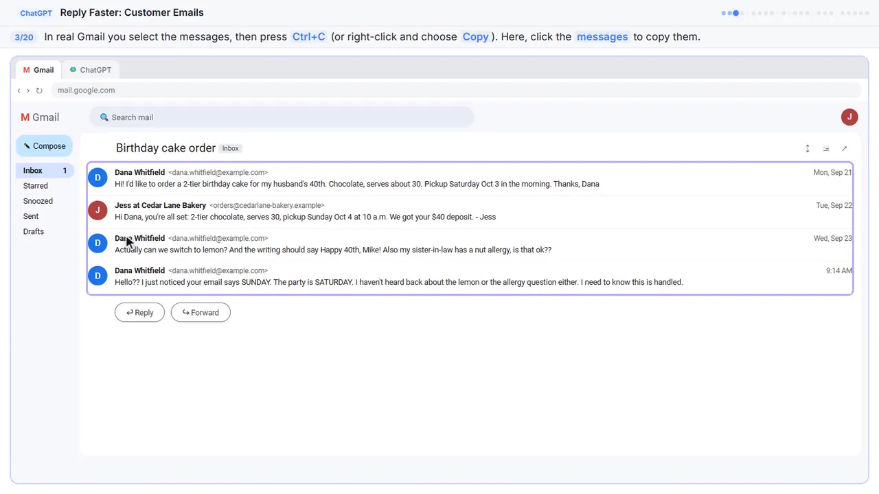 Gmail in Stepthrough’s practice copy, step 3 of 20 (Copy the thread): the cursor is on “Ctrl+C”, highlighted.