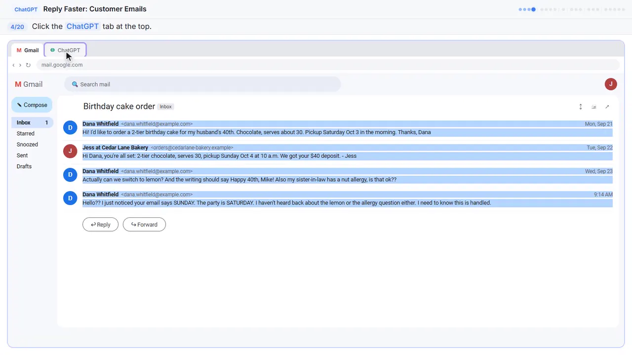 Gmail in Stepthrough’s practice copy, step 4 of 20 (Switch to ChatGPT): the cursor is on “ChatGPT”, highlighted.