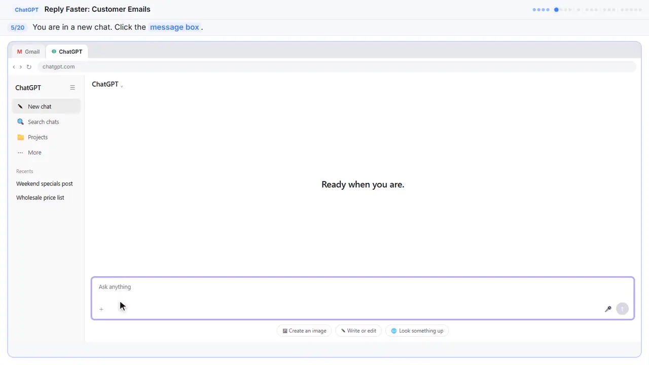 ChatGPT in Stepthrough’s practice copy, step 5 of 20 (Click the message box): the cursor is on “message box”, highlighted.