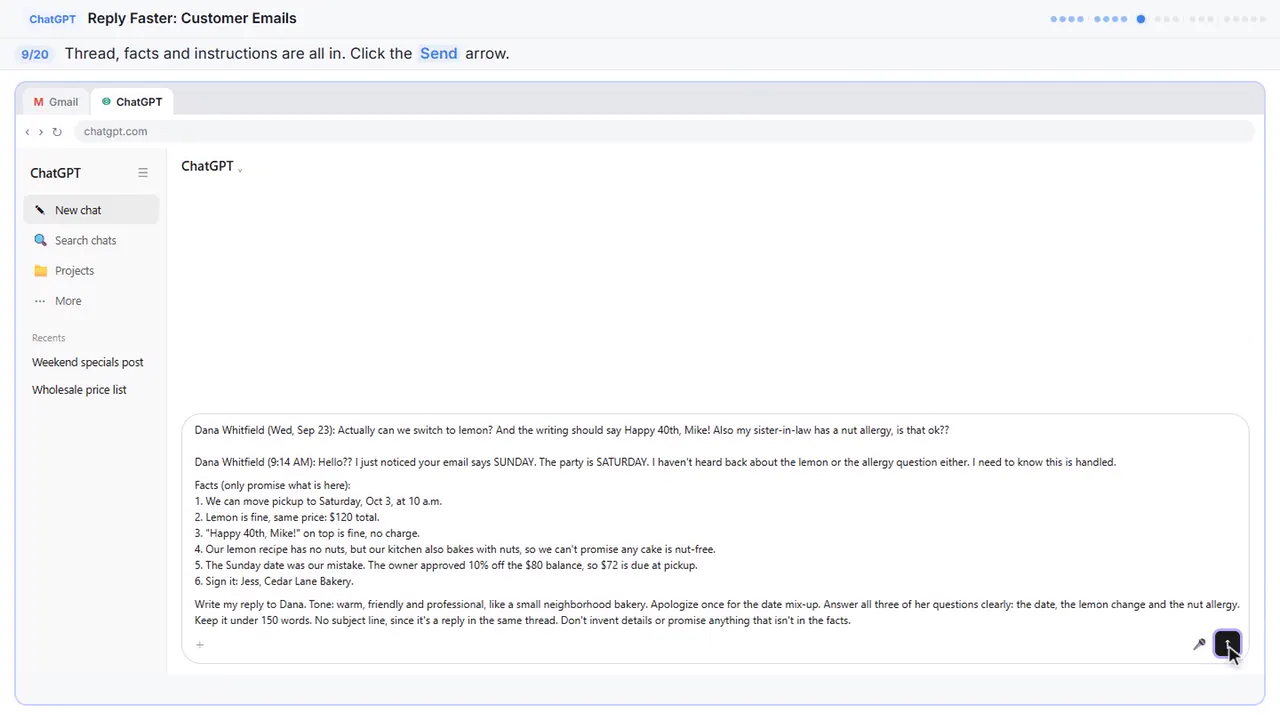 ChatGPT in Stepthrough’s practice copy, step 9 of 20 (Send it): the cursor is on “Send”, highlighted.