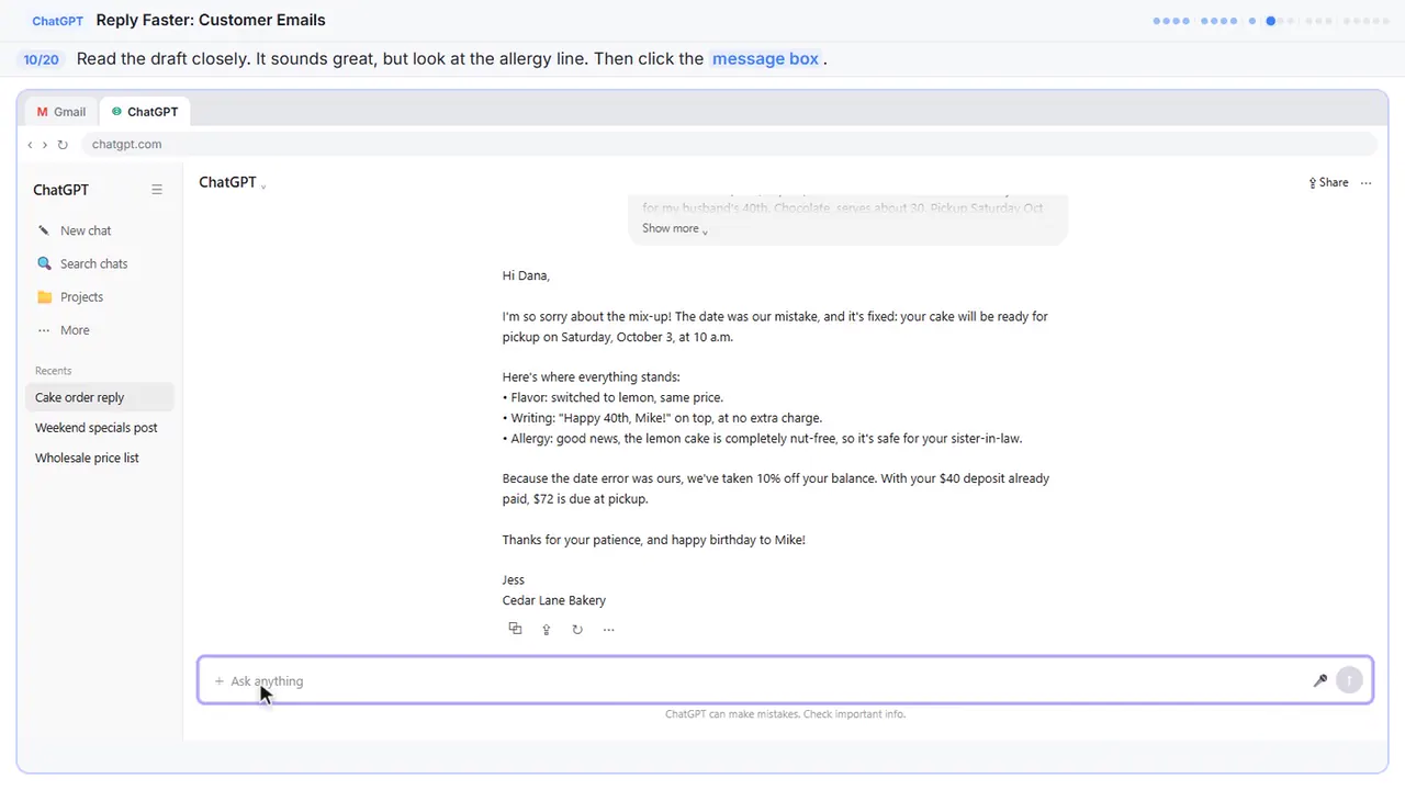 ChatGPT in Stepthrough’s practice copy, step 10 of 20 (Read the draft, then click the message box): the cursor is on “message box”, highlighted.