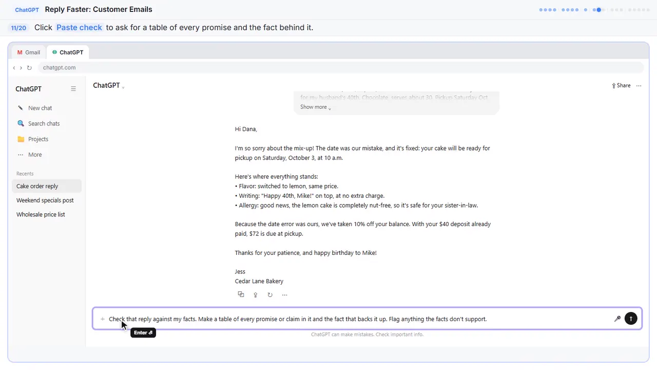 ChatGPT in Stepthrough’s practice copy, step 11 of 20 (Ask ChatGPT to check its promises): the check is filled in (“Check that reply against my facts. Make a…”).