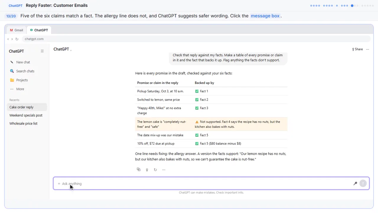 ChatGPT in Stepthrough’s practice copy, step 13 of 20 (Read the table, then click the message box): the cursor is on “message box”, highlighted.