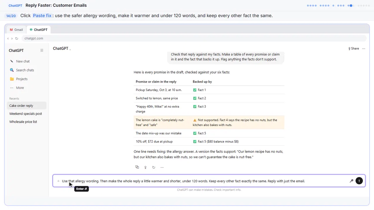 ChatGPT in Stepthrough’s practice copy, step 14 of 20 (Ask for specific changes): the fix is filled in (“Use that allergy wording. Then make the whole…”).