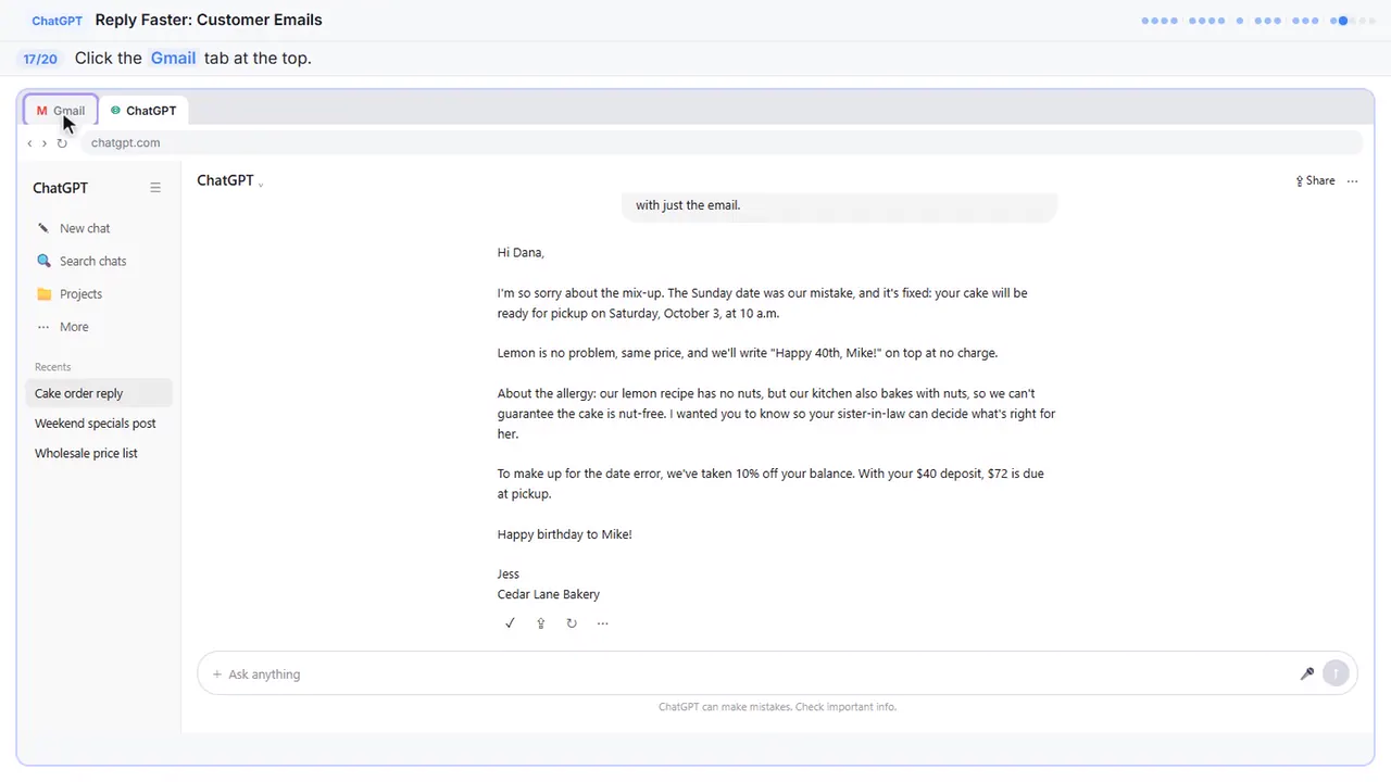 ChatGPT in Stepthrough’s practice copy, step 17 of 20 (Go back to Gmail): the cursor is on “Gmail”, highlighted.