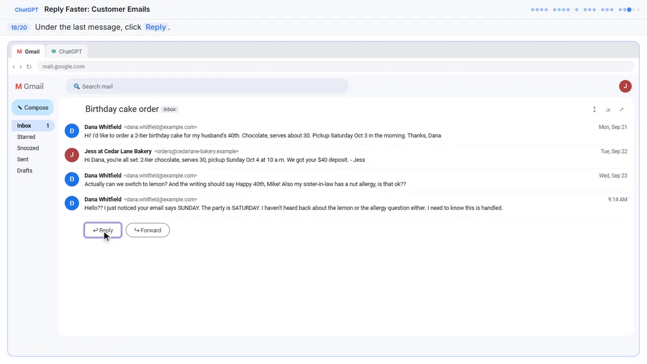 Gmail in Stepthrough’s practice copy, step 18 of 20 (Click Reply): the cursor is on “Reply”, highlighted.
