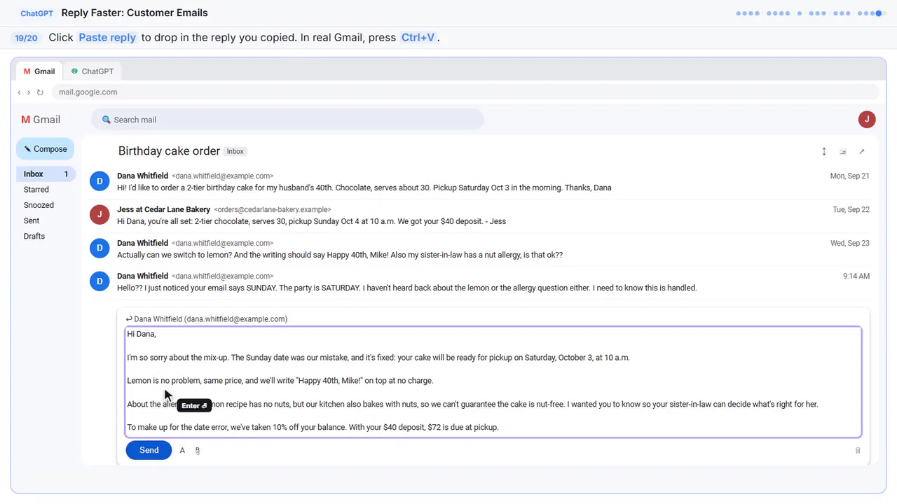 Gmail in Stepthrough’s practice copy, step 19 of 20 (Paste the reply): the reply is filled in (“Hi Dana, I'm so sorry about the mix-up. The…”).