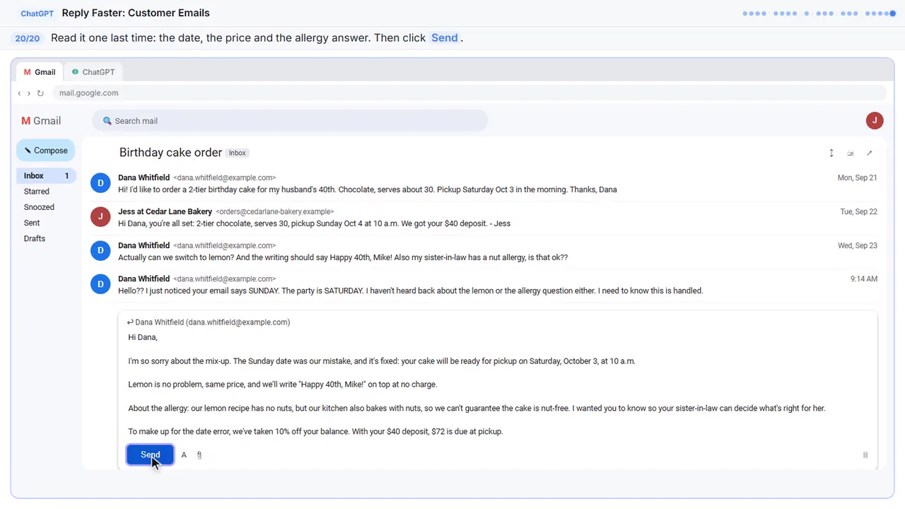Gmail in Stepthrough’s practice copy, step 20 of 20 (Read it, then send): the cursor is on “Send”, highlighted.