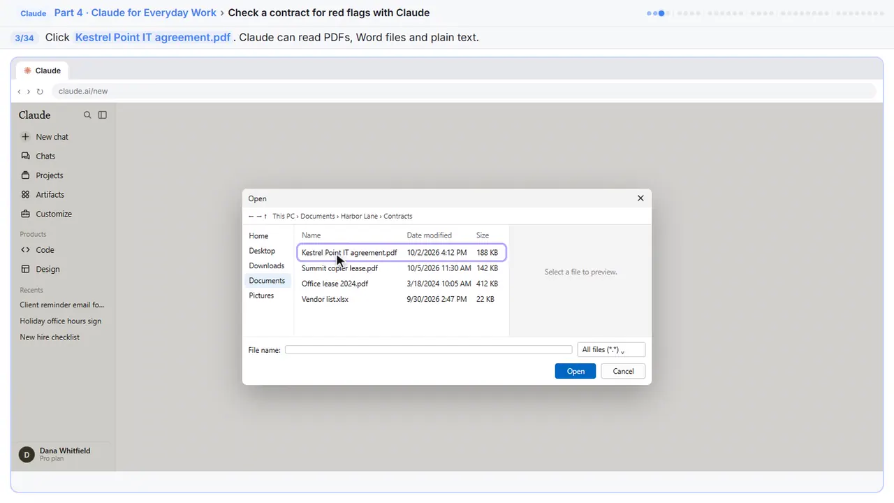 The file picker in Stepthrough’s practice copy, step 3 of 34 (Pick the contract): the cursor is on “Kestrel Point IT agreement.pdf”, highlighted.