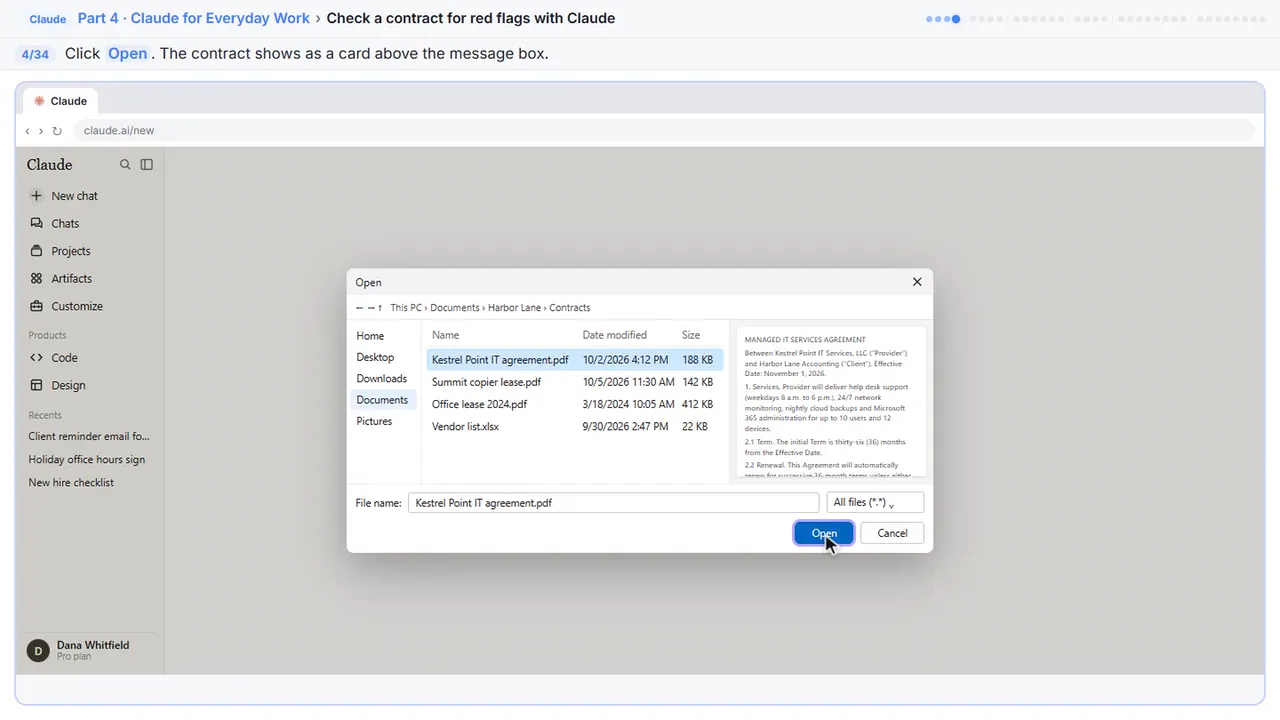 The file picker in Stepthrough’s practice copy, step 4 of 34 (Upload it): the cursor is on “Open”, highlighted.