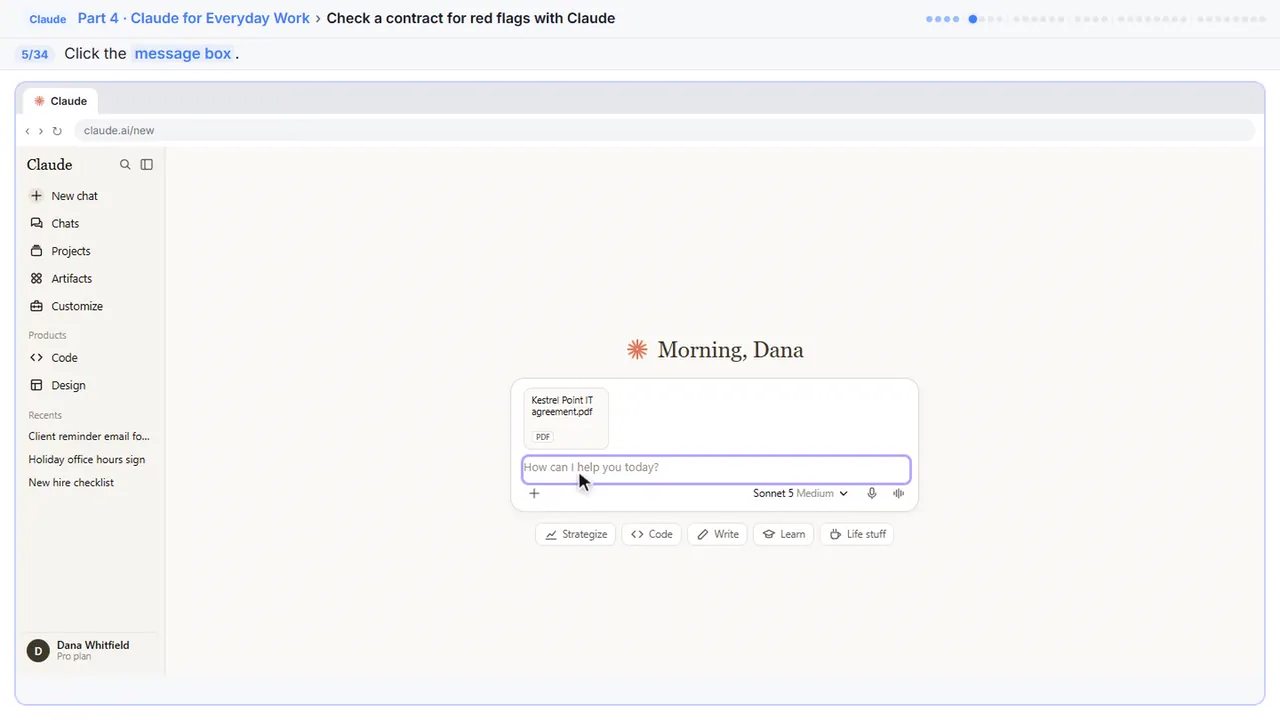 ChatGPT in Stepthrough’s practice copy, step 5 of 34 (Click the message box): the cursor is on “message box”, highlighted.