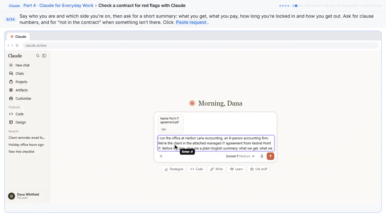 ChatGPT in Stepthrough’s practice copy, step 6 of 34 (Ask for a plain-English summary): the request is filled in (“I run the office at Harbor Lane Accounting, an…”).