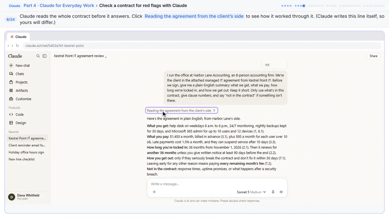 ChatGPT in Stepthrough’s practice copy, step 8 of 34 (See how Claude read it): the cursor is on “Reading the agreement from the client’s side”, highlighted.