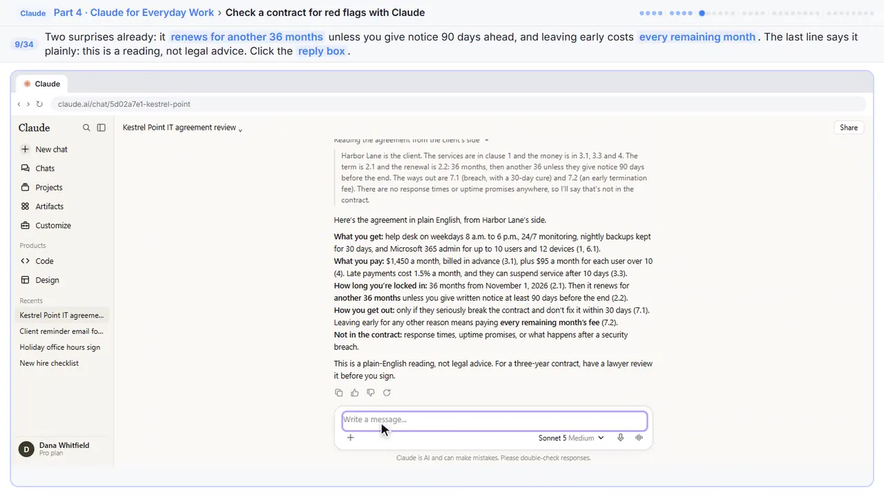 ChatGPT in Stepthrough’s practice copy, step 9 of 34 (Read the summary): the cursor is on “renews for another 36 months”, highlighted.