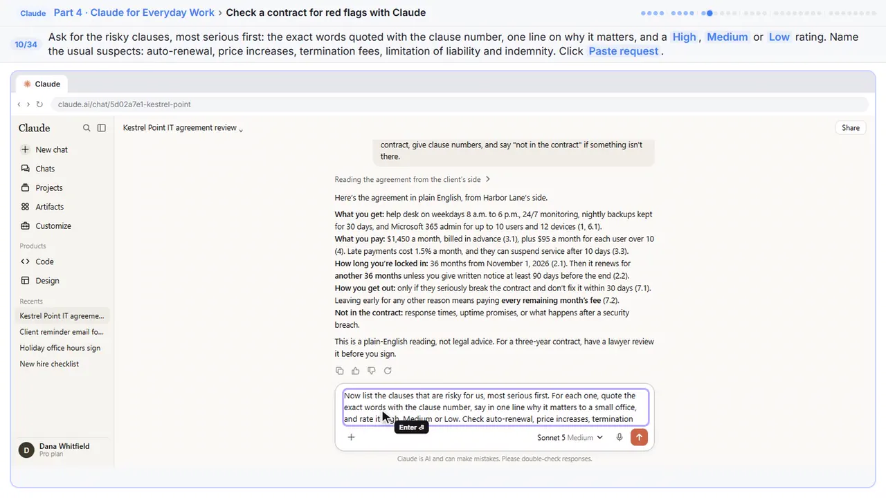 ChatGPT in Stepthrough’s practice copy, step 10 of 34 (Ask for the risky clauses): the request is filled in (“Now list the clauses that are risky for us,…”).