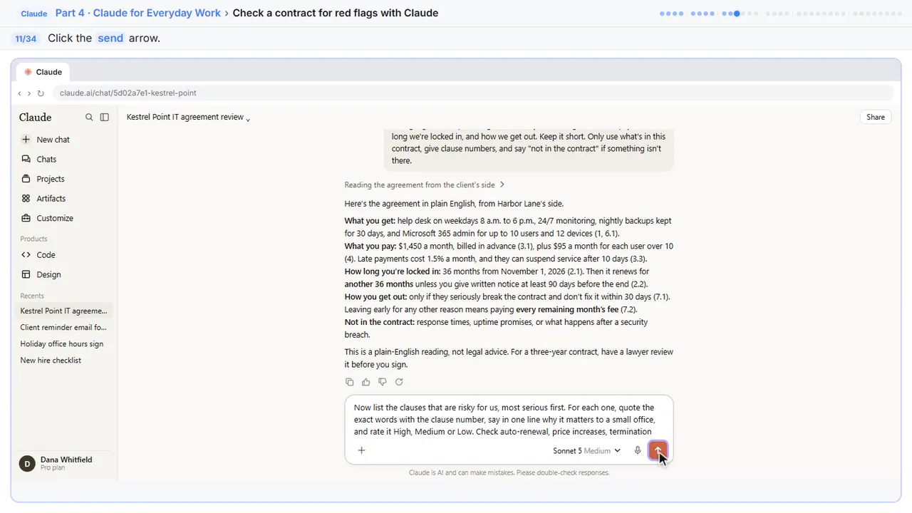 ChatGPT in Stepthrough’s practice copy, step 11 of 34 (Send it): the cursor is on “send”, highlighted.