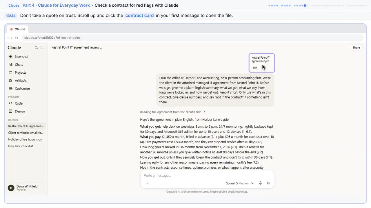 ChatGPT in Stepthrough’s practice copy, step 13 of 34 (Check a quote against the contract): the cursor is on “contract card”, highlighted.