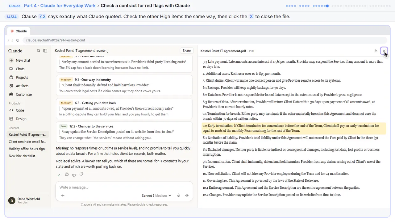 ChatGPT in Stepthrough’s practice copy, step 14 of 34 (Close the file): the cursor is on “7.2”, highlighted.