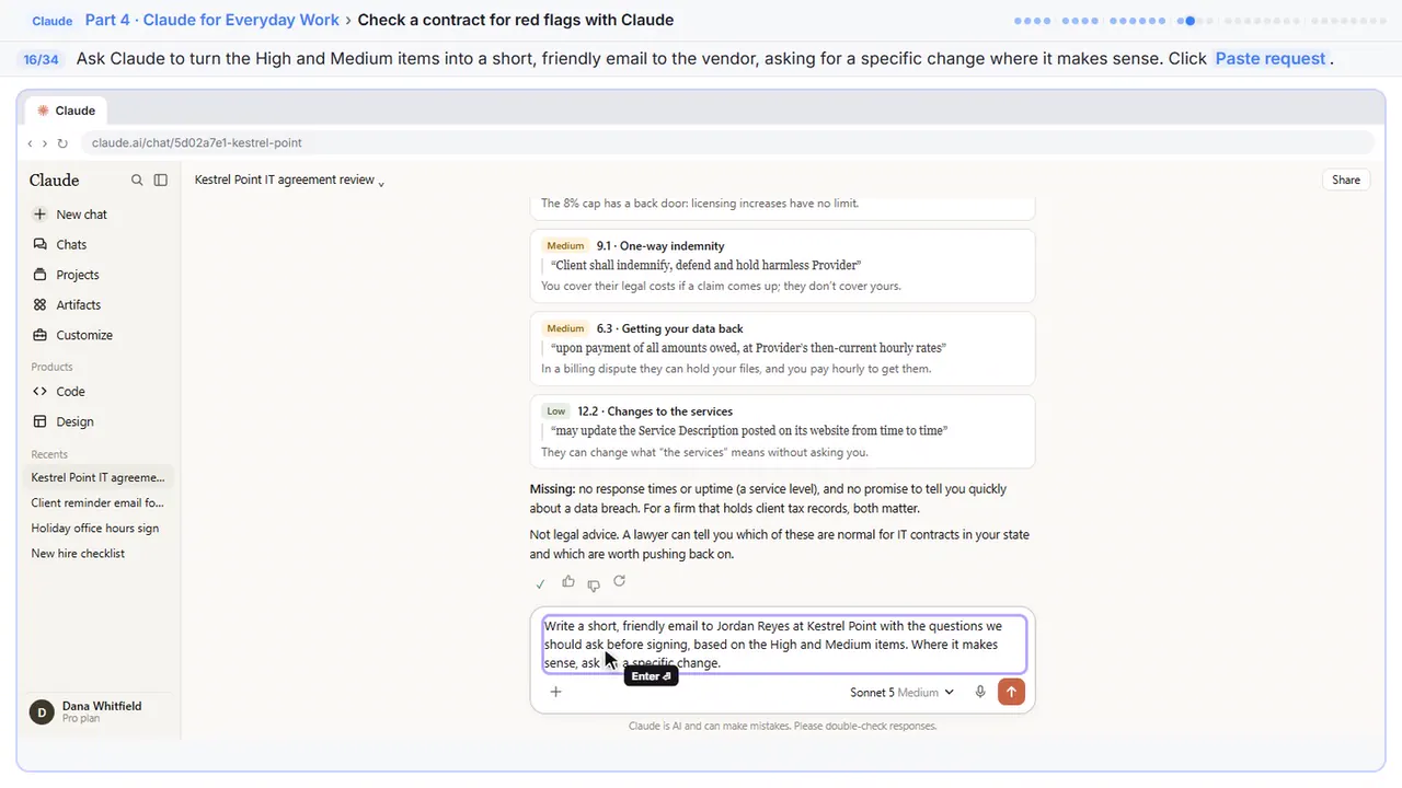 ChatGPT in Stepthrough’s practice copy, step 16 of 34 (Ask for questions to send): the request is filled in (“Write a short, friendly email to Jordan Reyes…”).