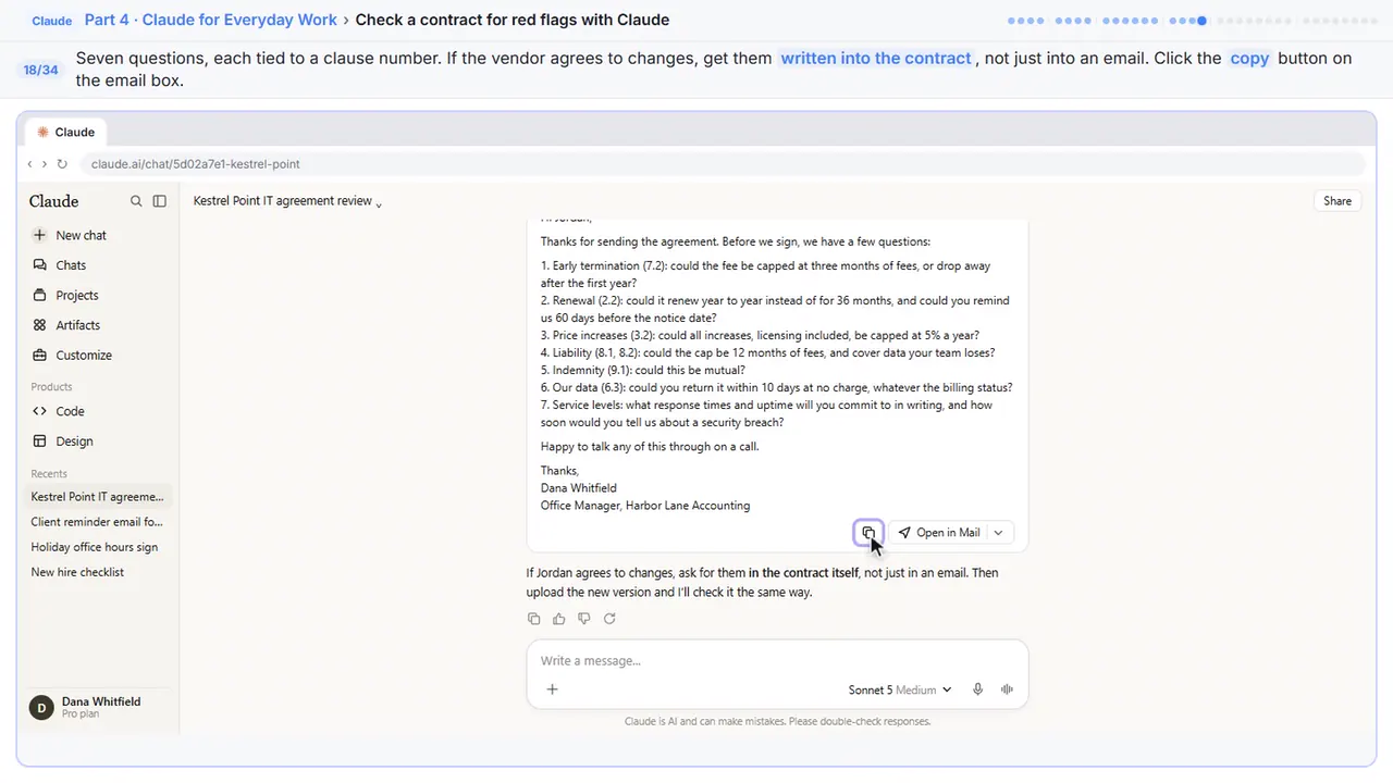 ChatGPT in Stepthrough’s practice copy, step 18 of 34 (Copy the email): the cursor is on “written into the contract”, highlighted.