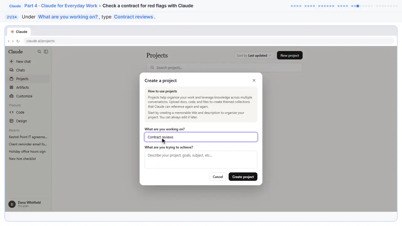 ChatGPT in Stepthrough’s practice copy, step 21 of 34 (Name it): the what are you working on? is filled in (“Contract reviews”).