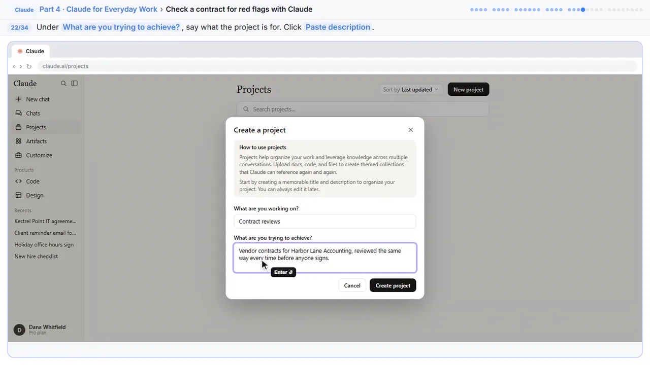 ChatGPT in Stepthrough’s practice copy, step 22 of 34 (Describe it): the description is filled in (“Vendor contracts for Harbor Lane Accounting,…”).