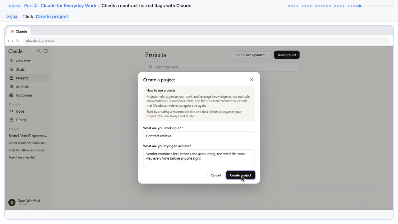 ChatGPT in Stepthrough’s practice copy, step 23 of 34 (Create it): the cursor is on “Create project”, highlighted.