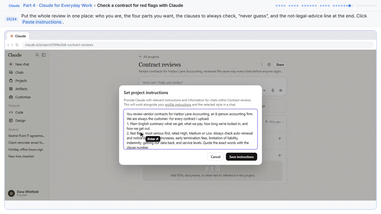 ChatGPT in Stepthrough’s practice copy, step 25 of 34 (Write your review once): the instructions is filled in (“You review vendor contracts for Harbor Lane…”).