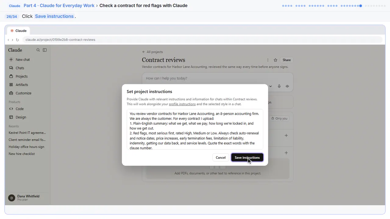 ChatGPT in Stepthrough’s practice copy, step 26 of 34 (Save them): the cursor is on “Save instructions”, highlighted.