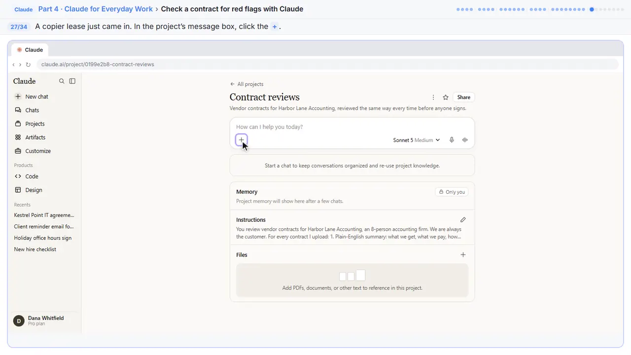 ChatGPT in Stepthrough’s practice copy, step 27 of 34 (Add the next contract): the cursor is on “+”, highlighted.