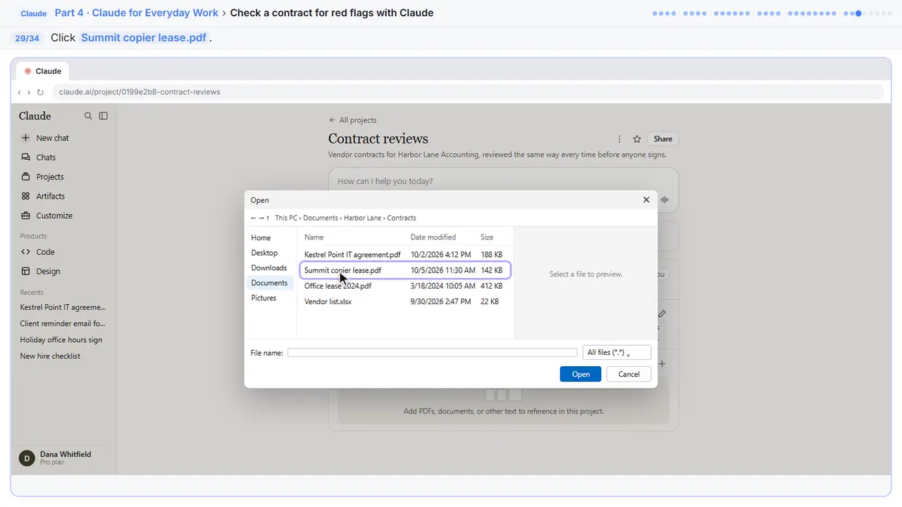The file picker in Stepthrough’s practice copy, step 29 of 34 (Pick the lease): the cursor is on “Summit copier lease.pdf”, highlighted.