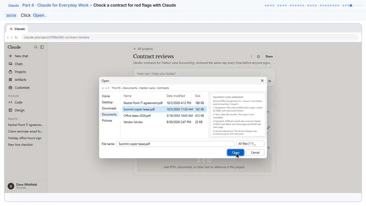 The file picker in Stepthrough’s practice copy, step 30 of 34 (Upload it): the cursor is on “Open”, highlighted.